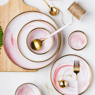 Pink Marble Print Dish Set